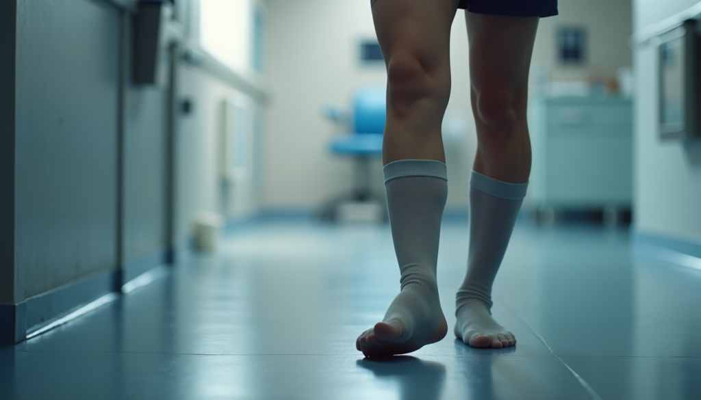 Eye-level view of a patient wearing compression stockings after vein treatment